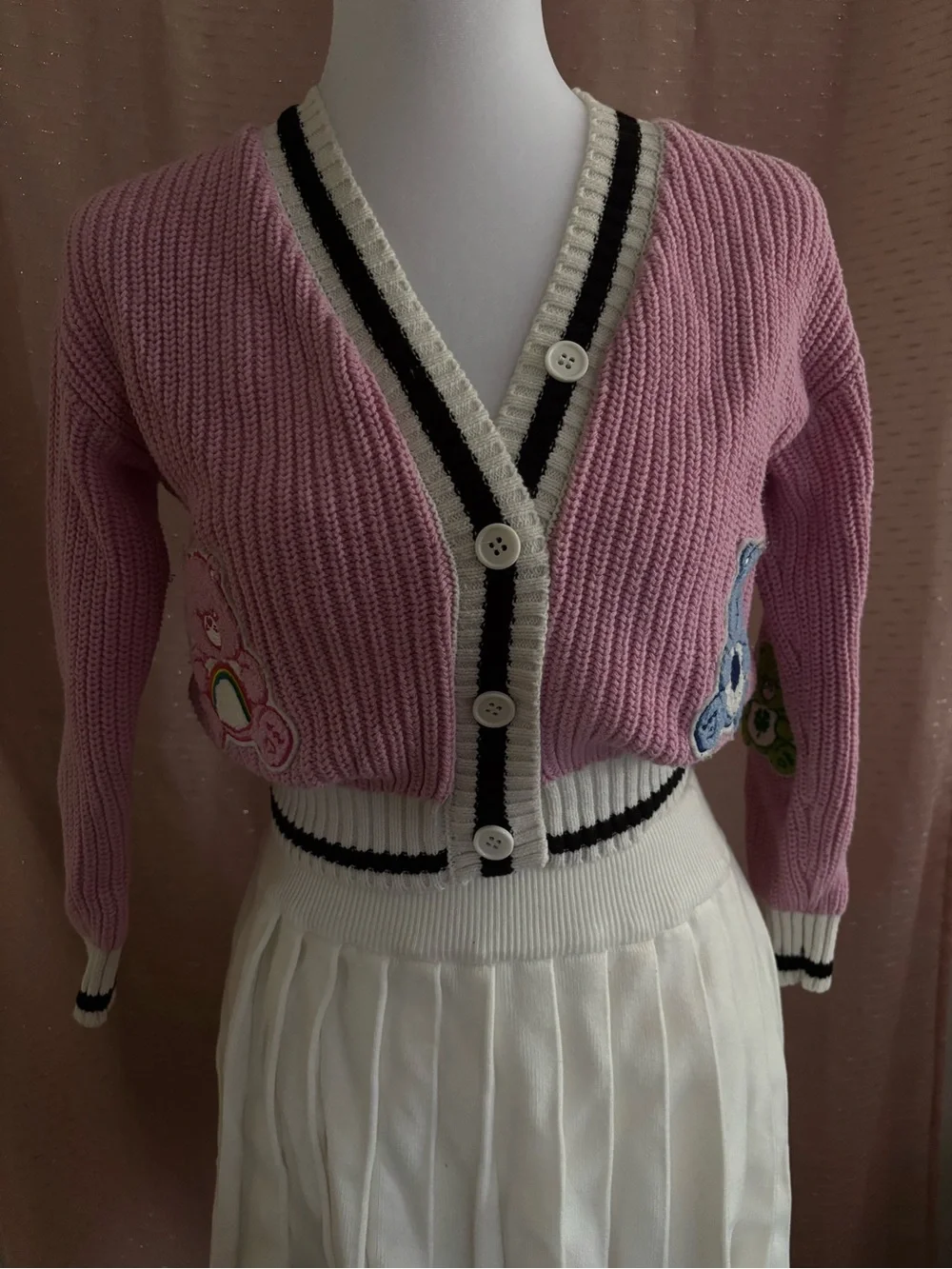 Care Bears Pink Heart Patch Knit Sweater with Rainbow Trim